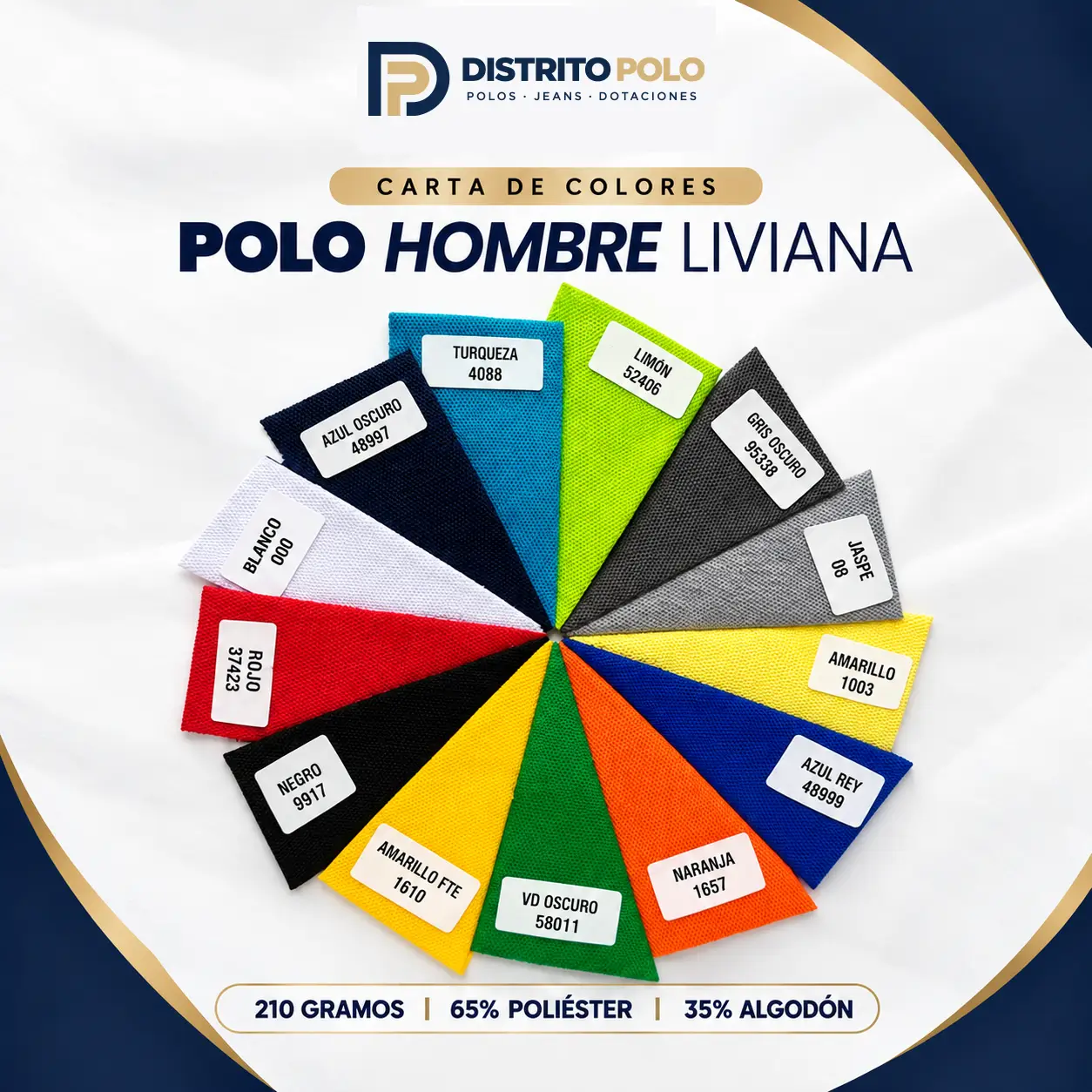 Carta de colores disponibles para la camiseta tipo polo liviana de hombre